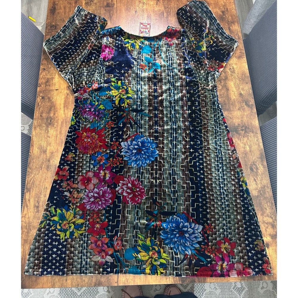 Johnny‎ Was Silk Velvet Floral Burnout V-Neck tunic or mini Multi-Color Small